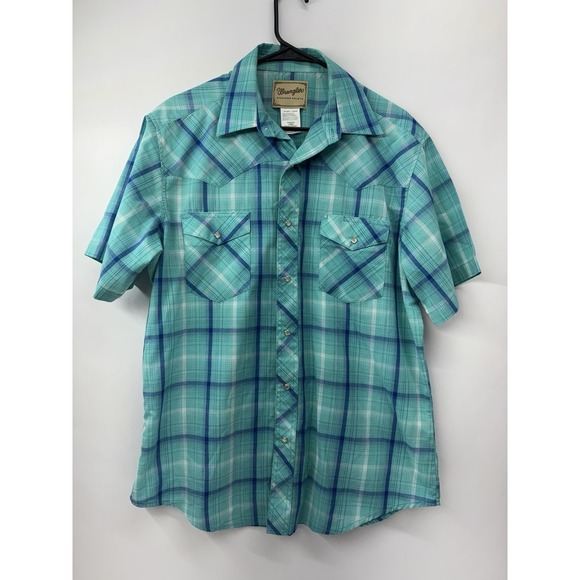 Wrangler Shirt Mens Large Turquoise Plaid Checkered Rodeo Pearl Snap (250503) - Picture 2 of 5